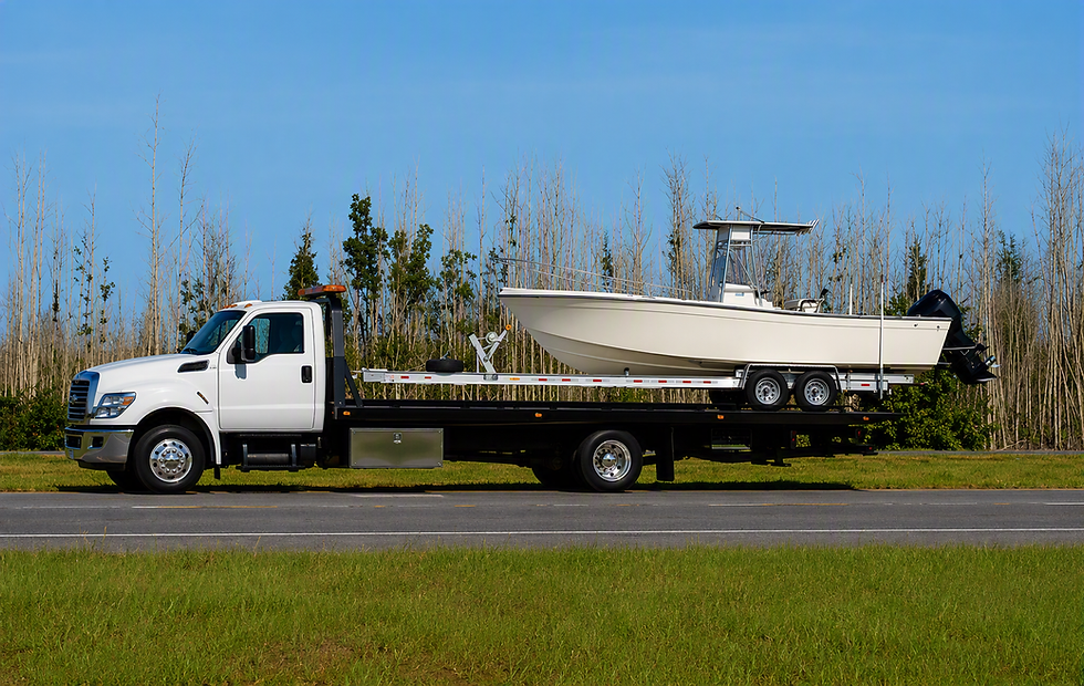 Bateau à moteur transporté sur un camion de remorquage blanc.