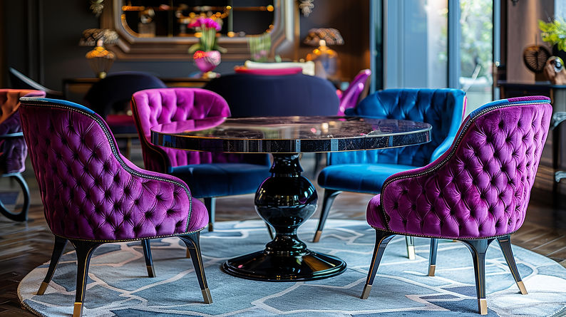 Luxurious dining area with plush velvet chairs and round table