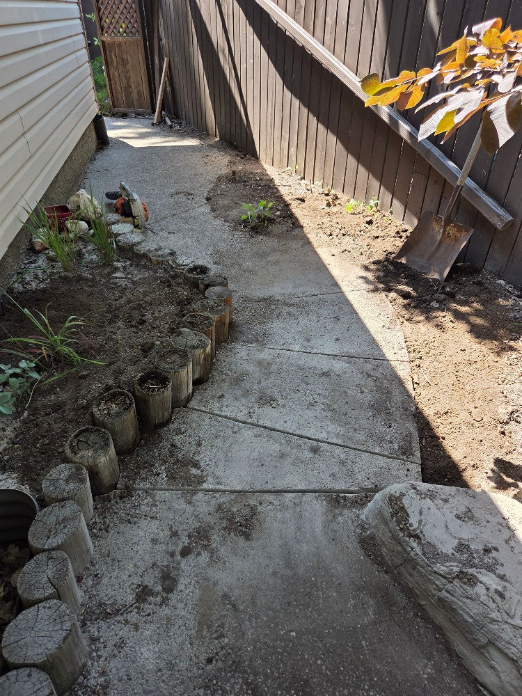 Concrete stone walkway along side yard fence