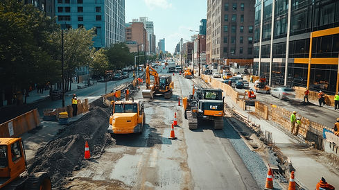 Urban street under construction with heavy machinery