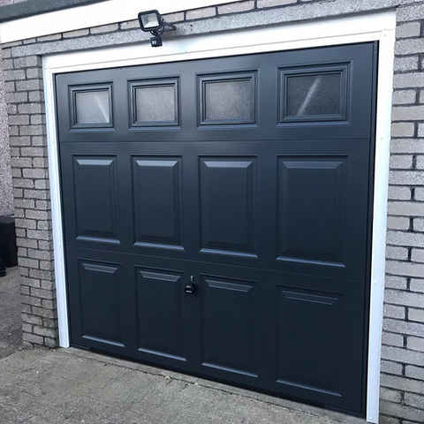 black garage door.