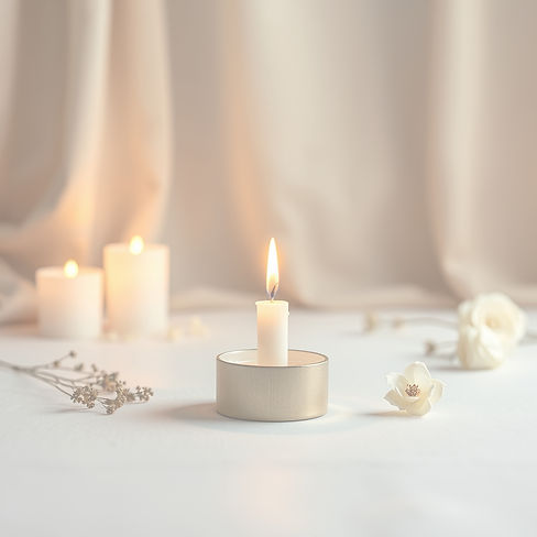 A single lit candle placed at eye level on a smooth, minimal surface — about 1–2 meters aw