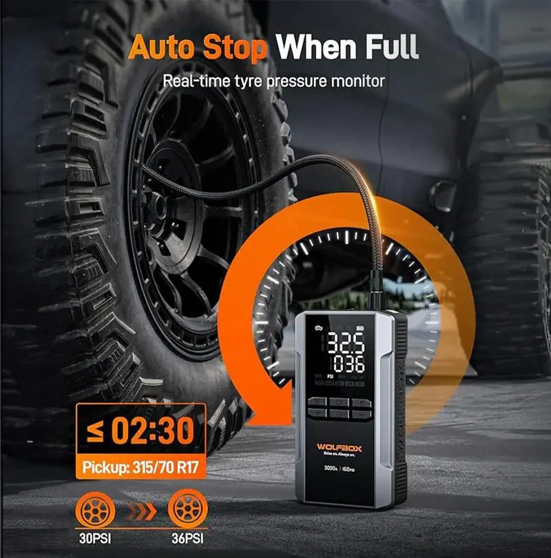 Thumbnail: Wolfbox 3000A Jump Starter with air compressor