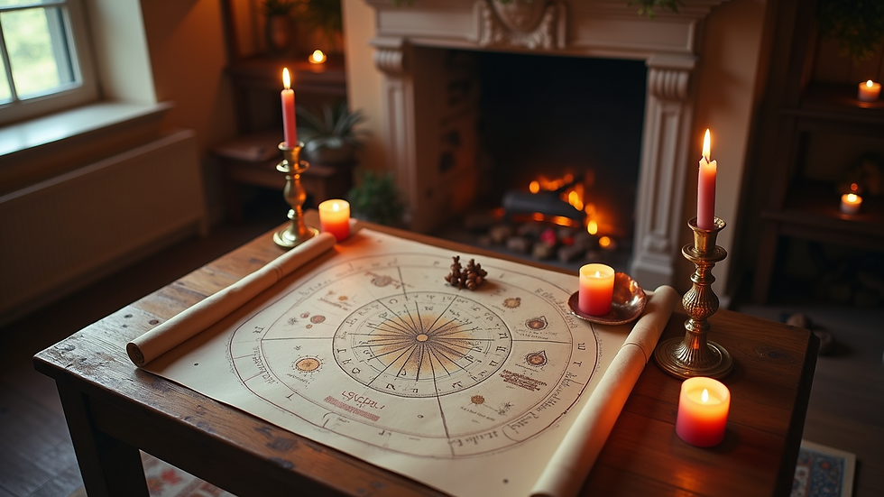 High angle view of a cozy astrology consultation setting with charts and candles