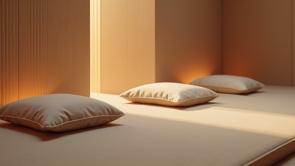 Eye-level view of a serene meditation space with cushions and soft lighting