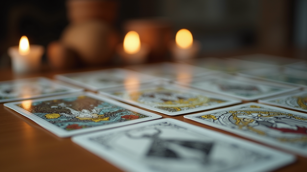 Close-up view of tarot cards laid out on a wooden table