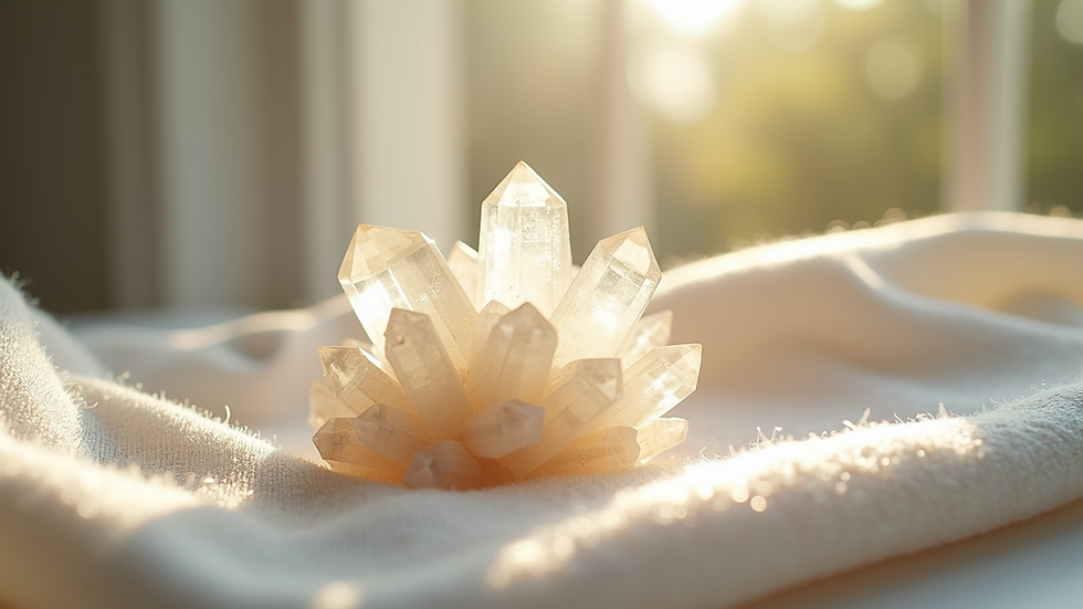 Close-up view of a crystal cluster resting on a soft cloth with gentle natural light