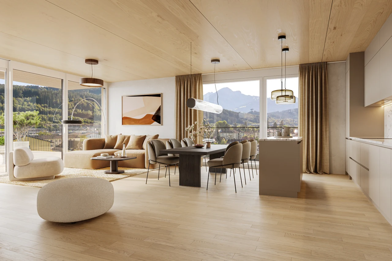 Visualisation of an Amras living space with a timber ceiling and mountain views