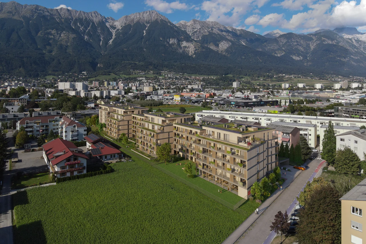 Overall visualisation of the planned Amras residential quarter in Innsbruck