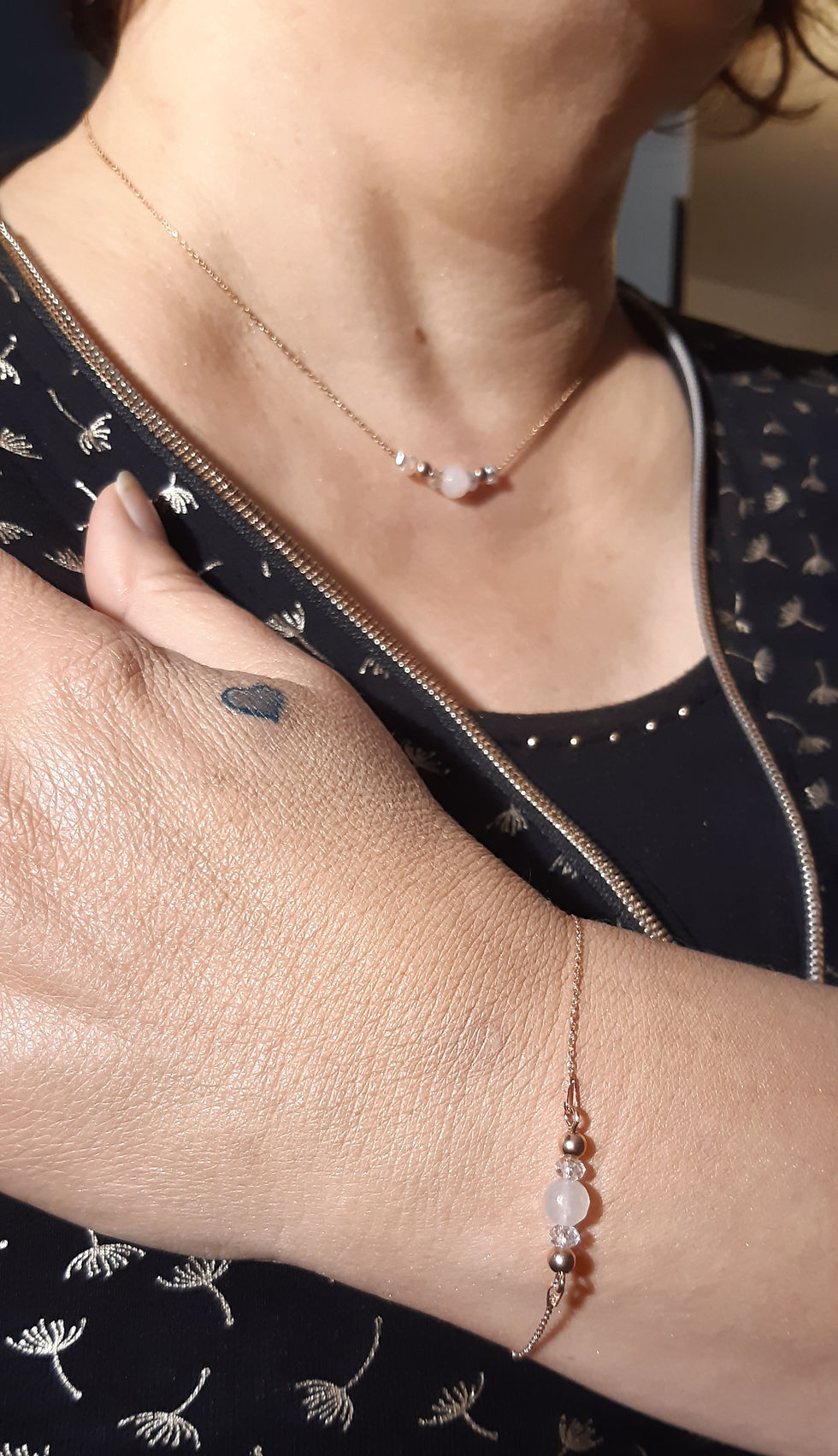 Miniature : Ensemble Collier + Bracelet en argent 925 Rose - Quartz Rose  -