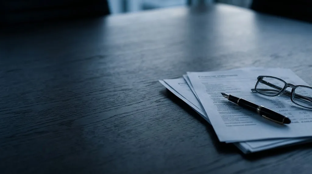 Demonstrações financeiras sobre mesa de reunião, base de um laudo de avaliação de empresas