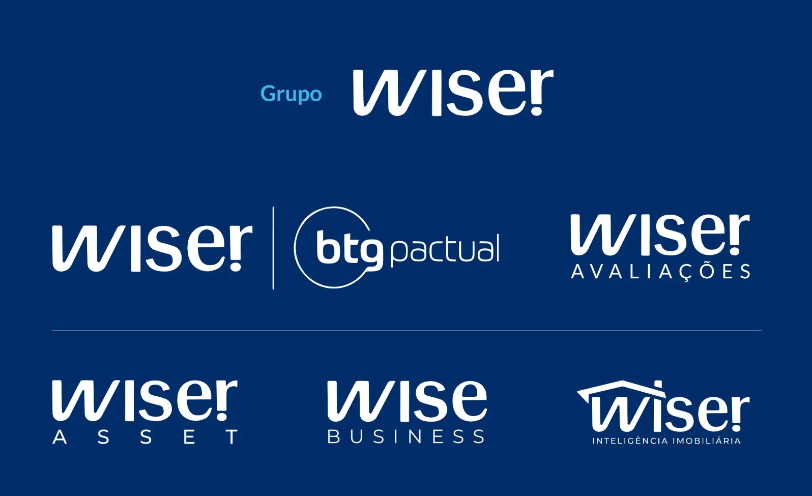 Marcas do Grupo Wiser: assessoria de investimentos em sociedade com o BTG Pactual, Wiser Avaliações, Wiser Asset, Wise Business e Wiser Inteligência Imobiliária