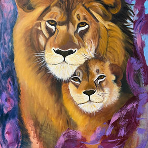 Oil painting of lion with cub; fatherhood in the wild.
