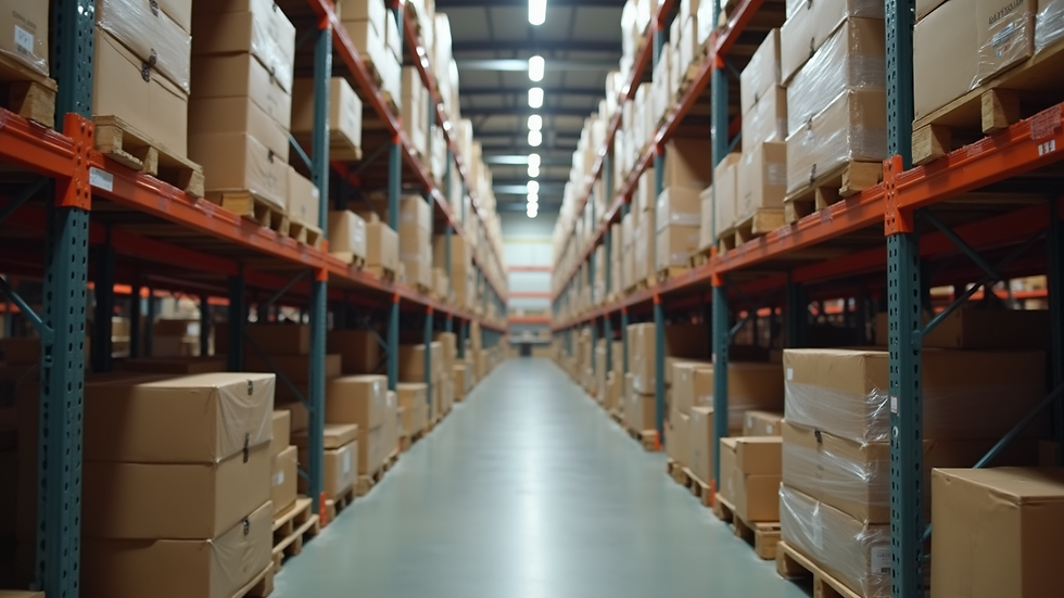 Eye-level view of warehouse shelves stocked with inventory ready for fulfillment