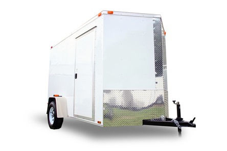 Diamond Cargo 6x12 enclosed cargo trailer with Polycore exterior, V-nose design, ramp door, LED lights, and silver modular wheels.