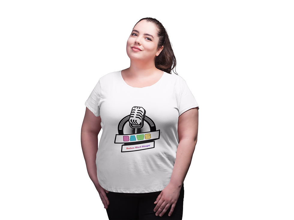 Thumbnail: BAWS Retro Mic Tee — Colorful Badass Tee with Word Slinger Poem on Back