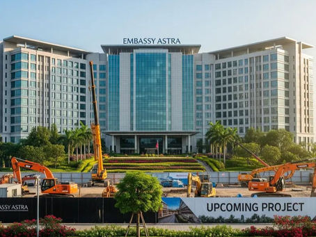 Front elevation of Embassy Aster Bangalore – modern 2 & 3 BHK apartments in Hebbal with premium design and landscaped surroundings.
