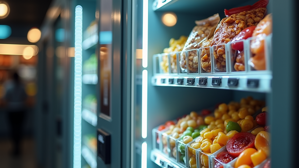 Eye-level view of a modern vending machine filled with healthy snacks
