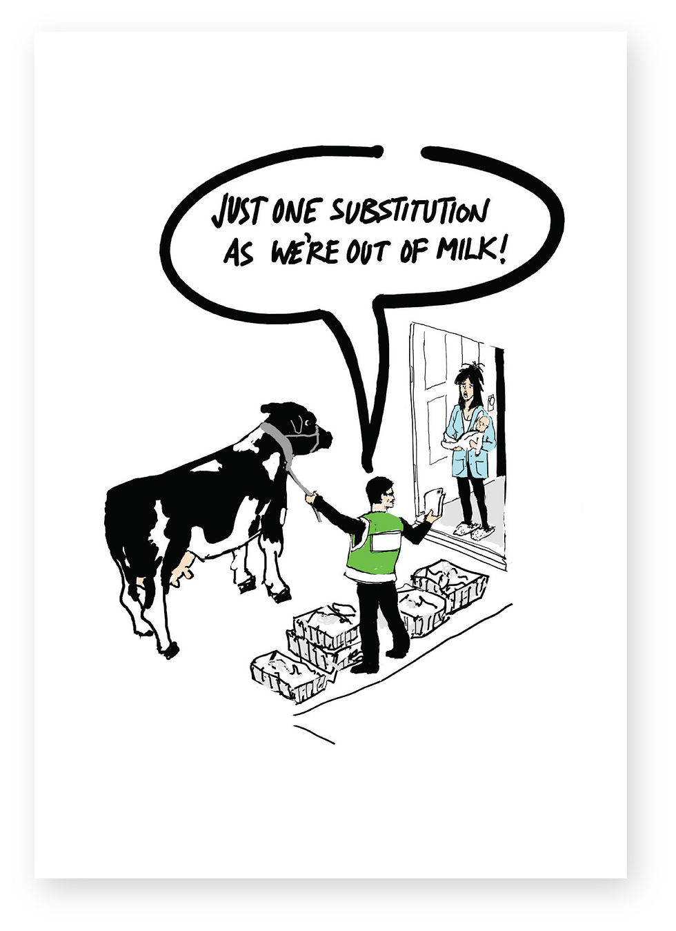 Delivery man at customers door with a cow, ONLINE SHOPPING FUNNY CARD, HOW FUNNY GREETING CARD