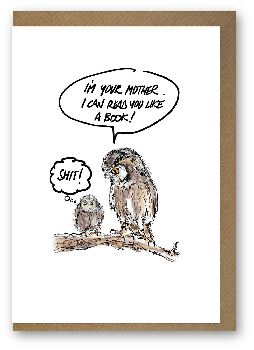 Mother owl and surprised baby owl on tree branch, READ YOU FUNNY CARD, HOW FUNNY GREETING CARD