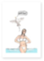 GIRL IN SWIMSUIT, POSING, SEAGULL, RUDE CARD, FUNNY CARD, HOW FUNNY