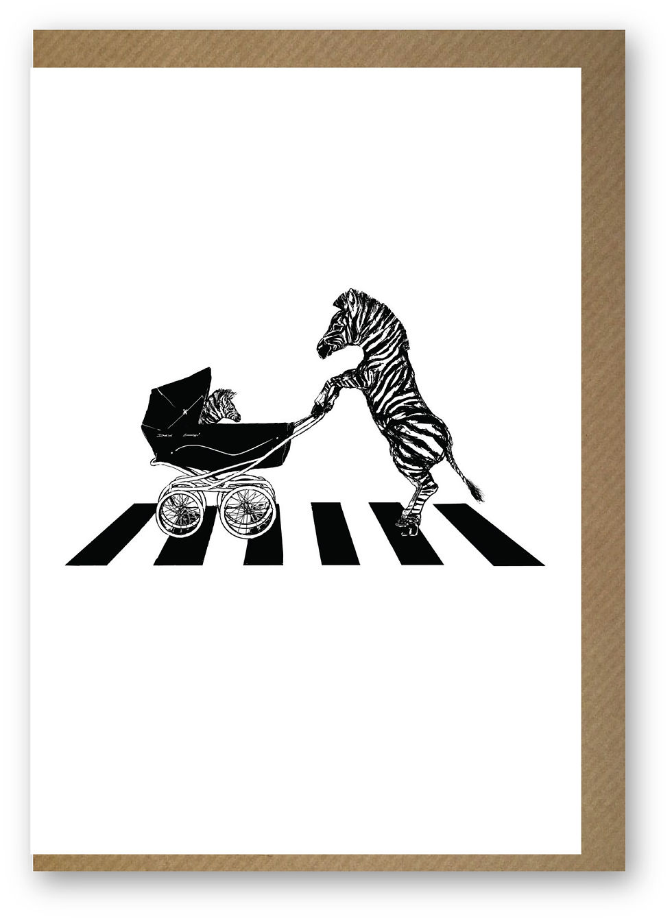 Zebra pushing baby in pram on zebra crossing, ZEBRA CROSSING FUNNY CARD, HOW FUNNY GREETING CARD