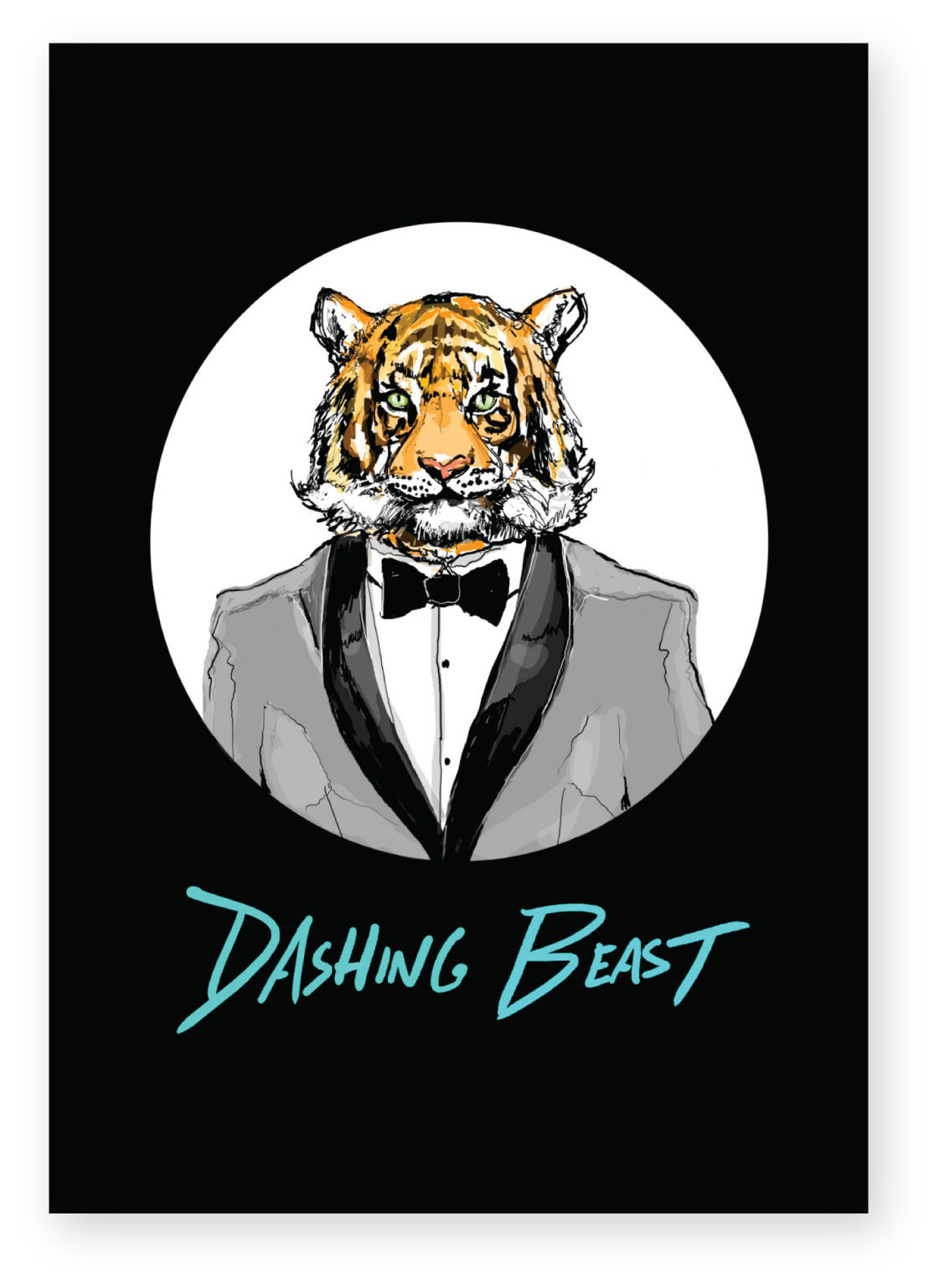 Dashing tiger wearing bow tie and tuxedo, DASHING BEAST FUNNY CARD, HOW FUNNY GREETING CARD