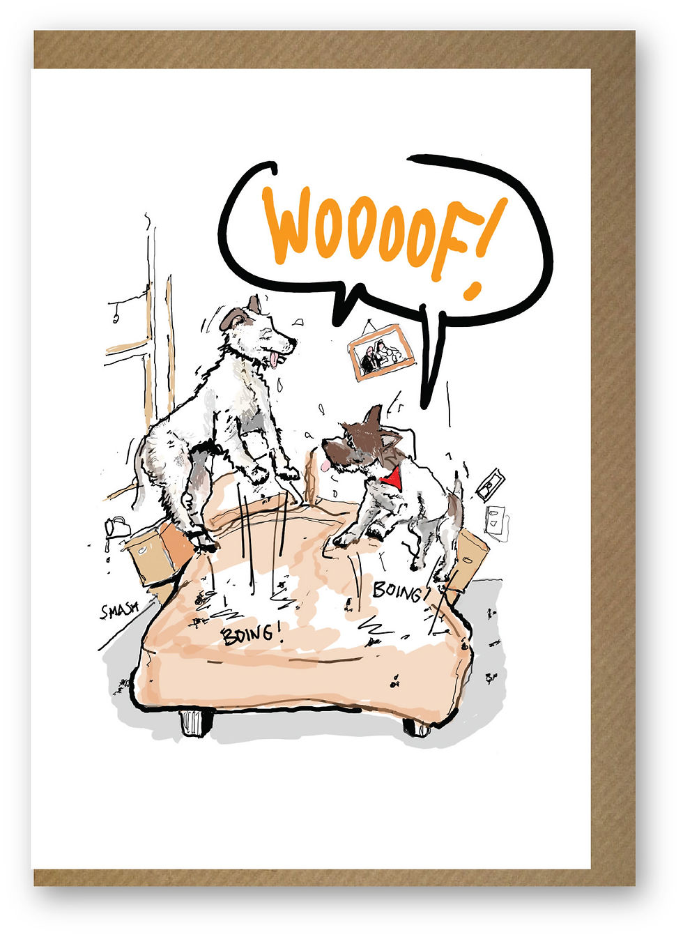 Two happy dogs bouncing on bed, WOOOOF! FUNNY CARD, HOW FUNNY GREETING CARD