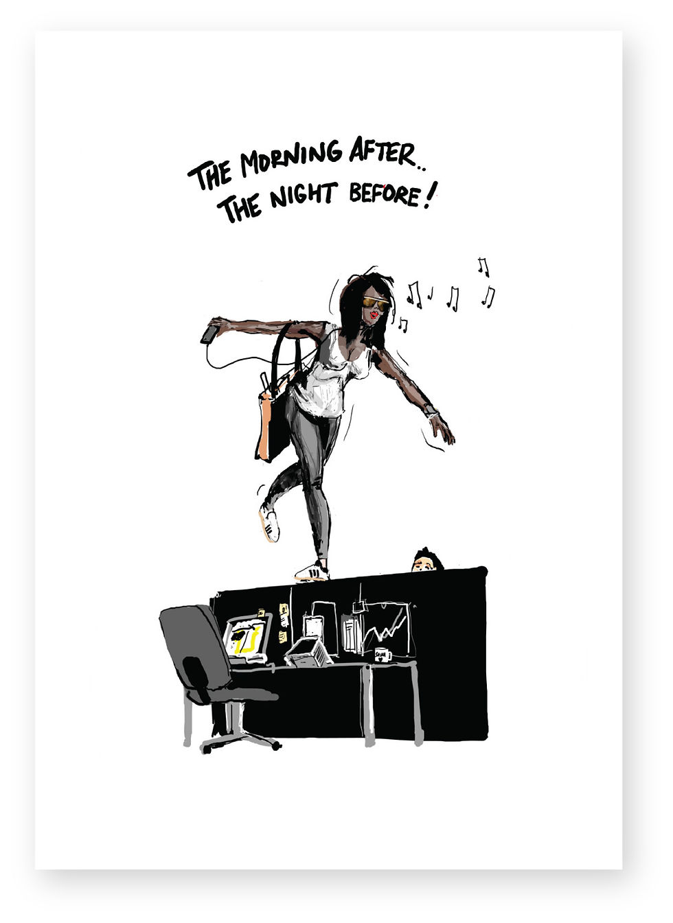Girl coming into the office still drunk, THE MORNING AFTER FUNNY CARD, HOW FUNNY GREETING CARD