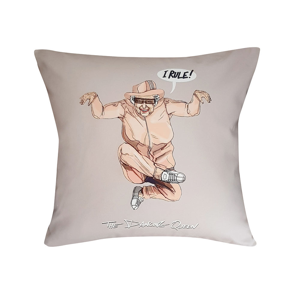 The Queen Wearing Sunglasses And Tracksuit Dancing, The Dancing Queen Funny Cushion,Pink & Oyster, 45cm x 45cm, Funny Gift