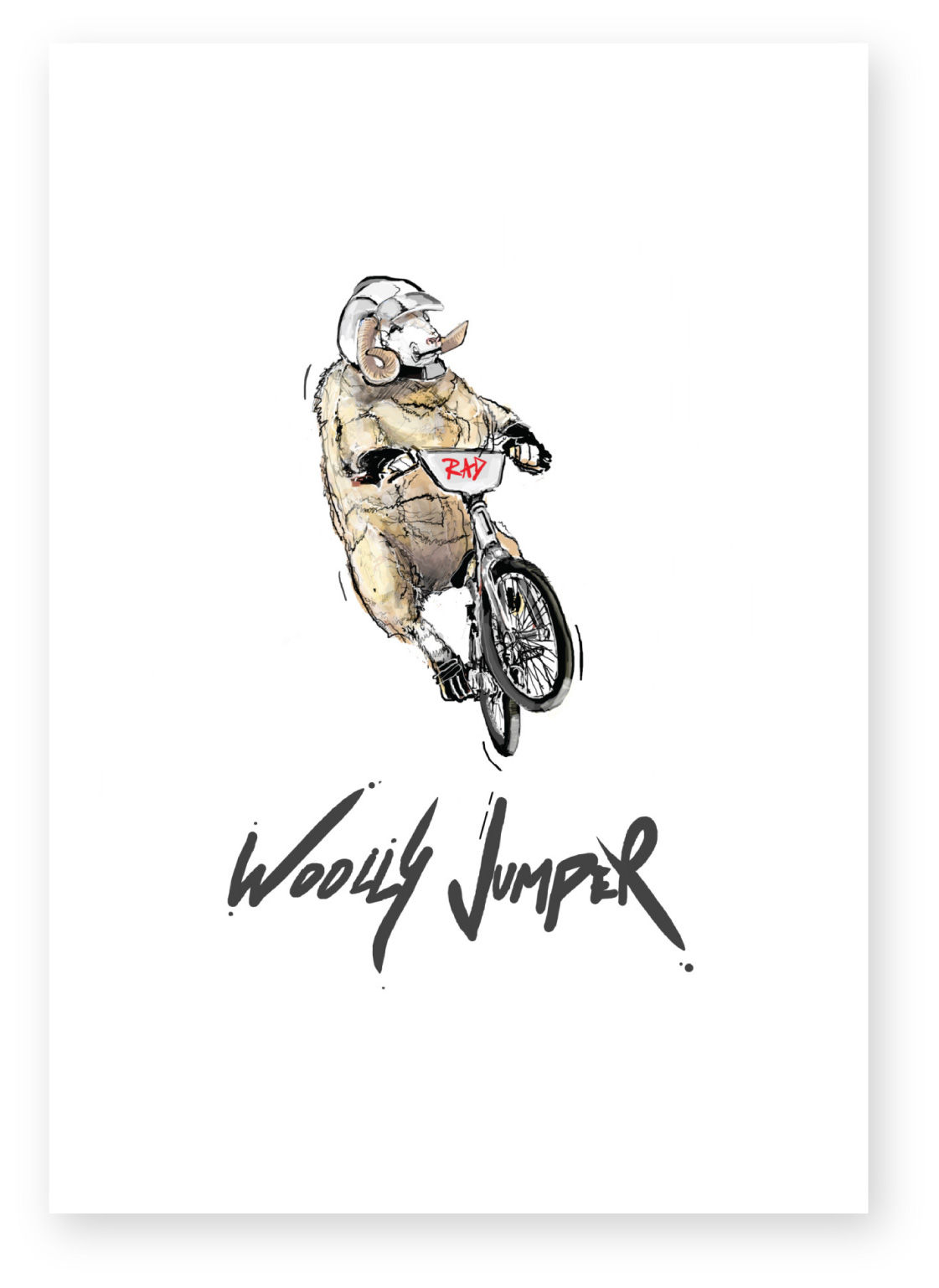 Sheep wearing a helmet riding a bmx bike, WOOLLY JUMPER FUNNY CARD, HOW FUNNY GREETING CARD