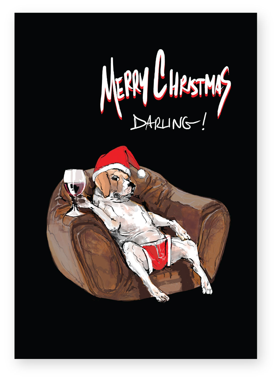 Dog on leather armchair in Santa hat with glass of wine, MERRY CHRISTMAS DARLING! FUNNY CARD, HOW FUNNY GREETING CARD