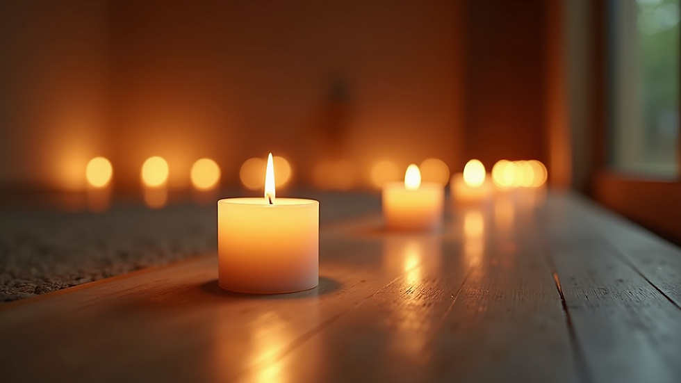 Eye-level view of a serene meditation space with candles and soft lighting