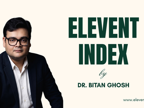 Portrait of a Dr. Bitan Ghosh in glasses and suit beside bold ELEVENT INDEX text, by Dr. Bitan Ghosh, on a cream background.
