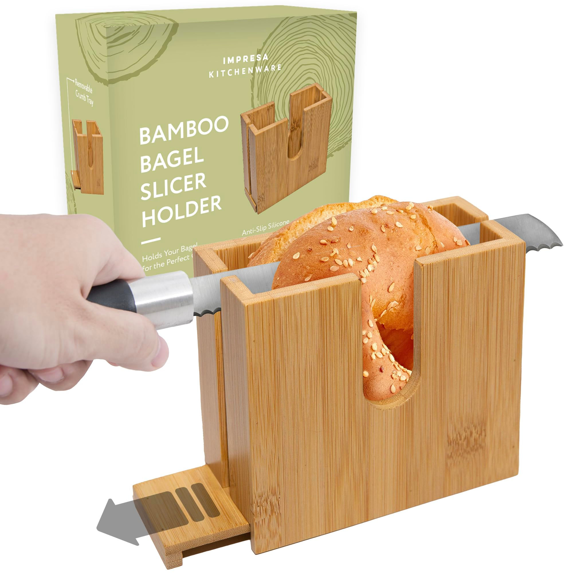 IMPRESA Bamboo Bagel Slicer Holder for Safe & Even Slices - Removable Bottom For