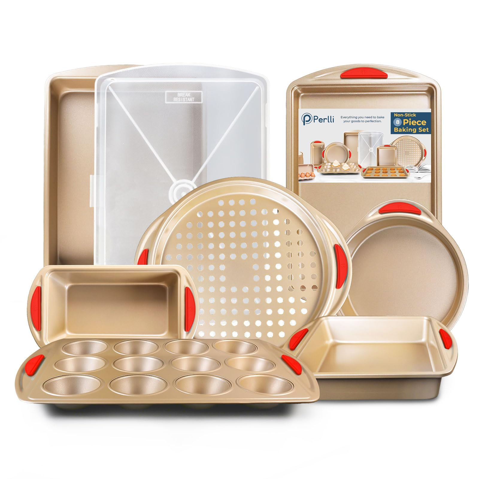 Perlli Baking Pan 8 Piece Set Nonstick Gold Carbon Steel Oven Bakeware Kitchen S