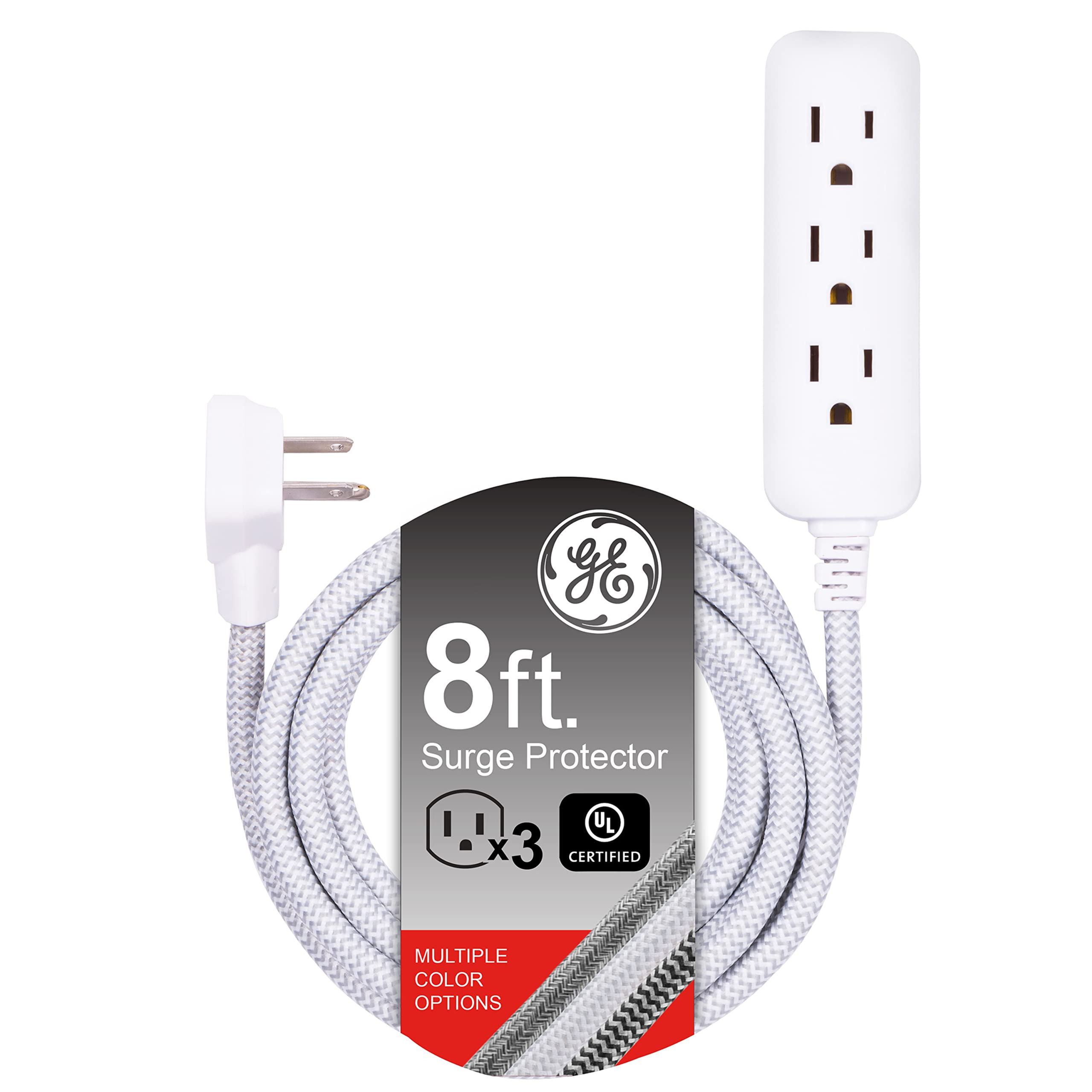 GE 3-Outlet Power Strip Surge Protector 8 Ft Braided Long Cord Extension Cord Su