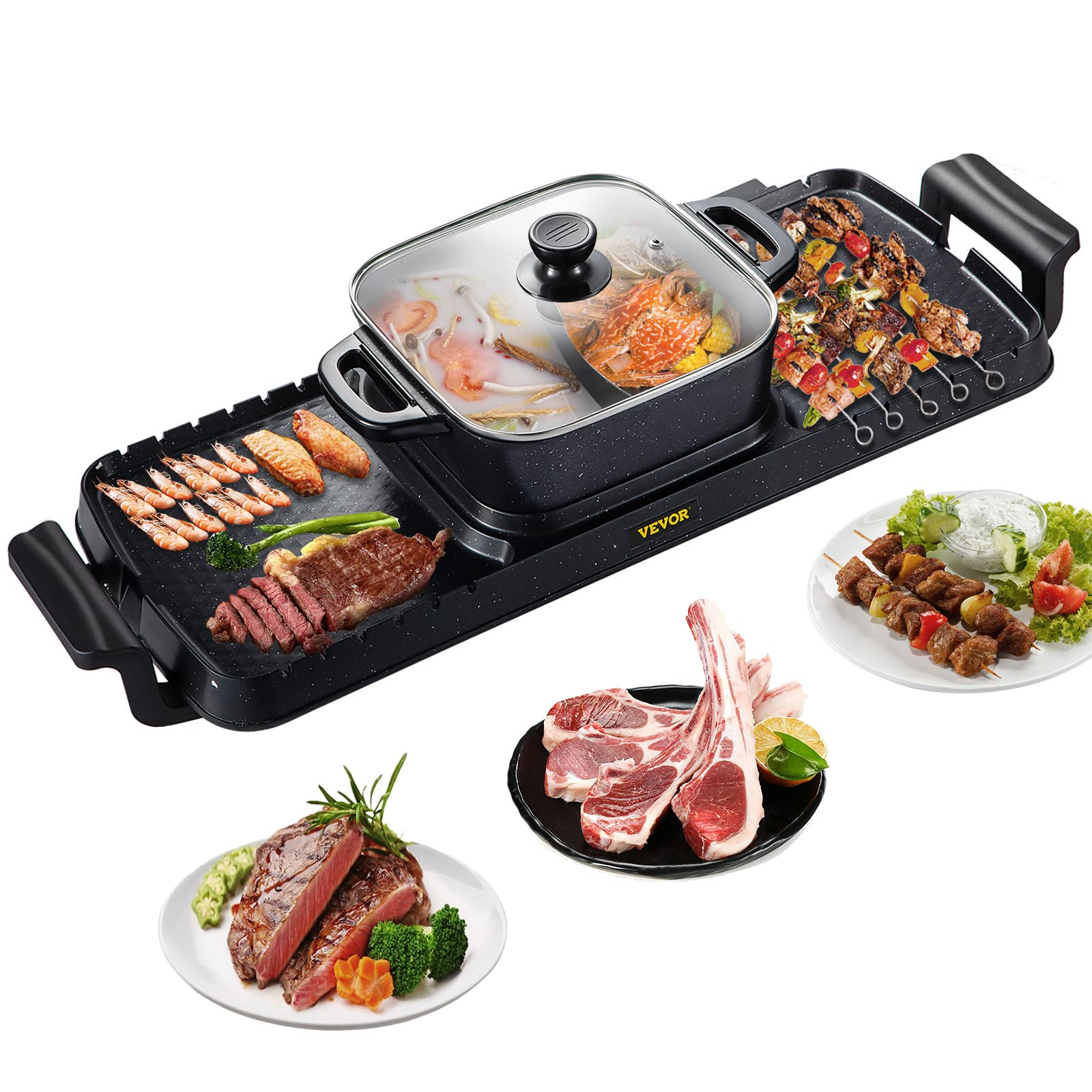 VEVOR Electric Grill and Hot Pot 2400W Electric Smokeless Grill and Hot Pot 2 in