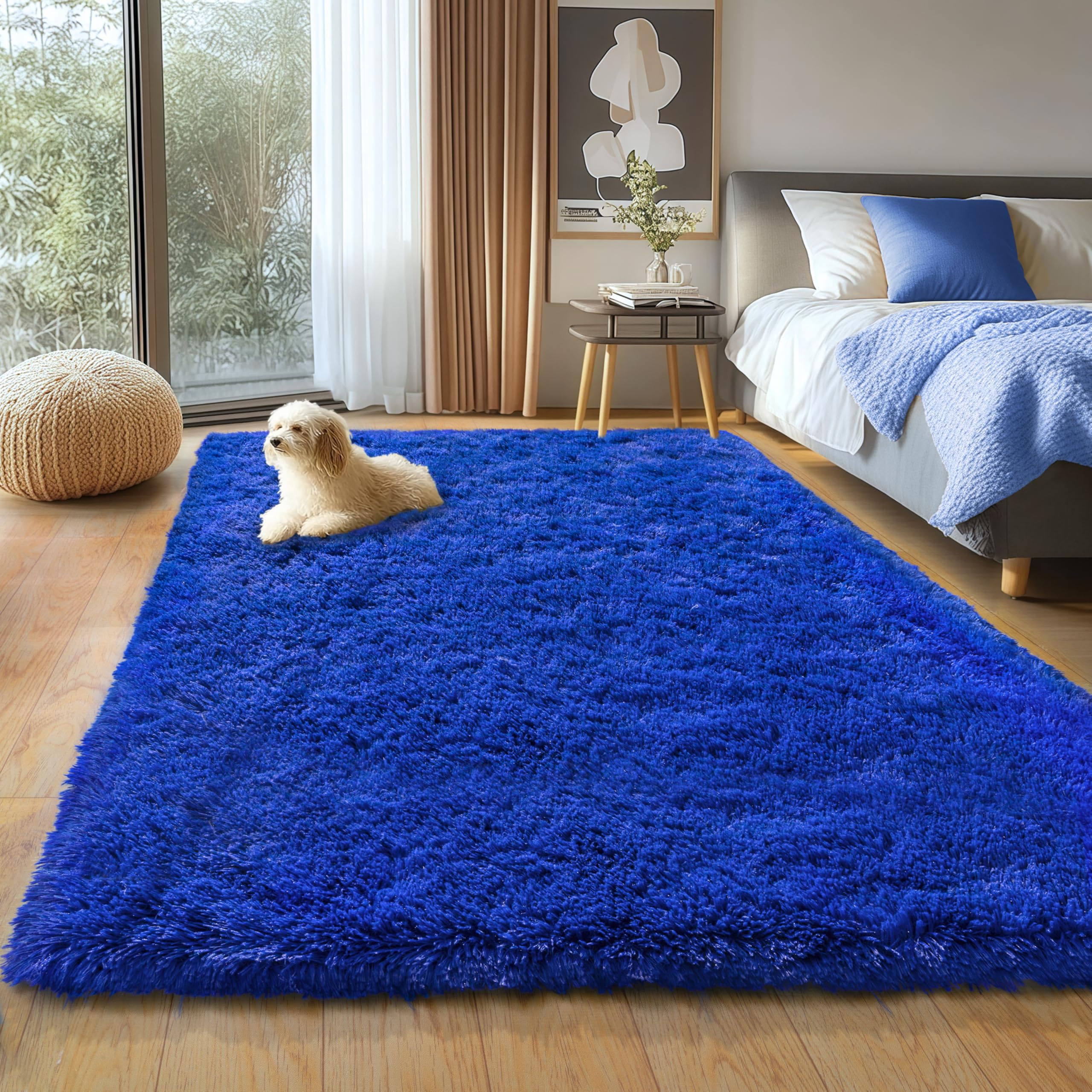 plumlik Blue Fluffy Area Rug for Bedroom 4x5.9 Feet Shag Rugs for Living Room Ki