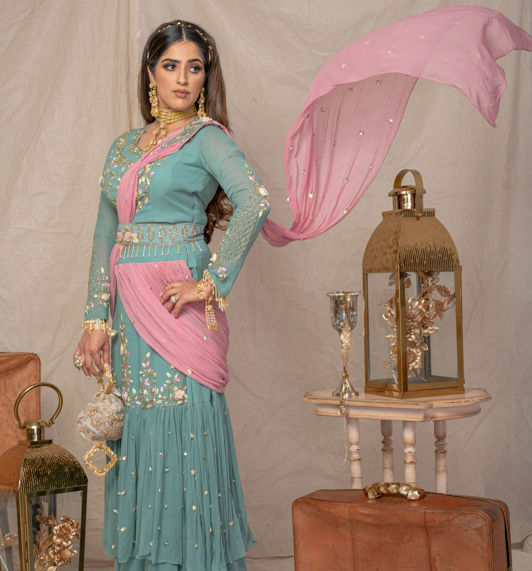 The pre draped lehenga/skirt set + matching bag