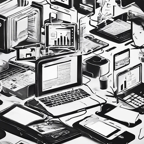 Sharing social media, news, computer, mobile device, black and white.jpg
