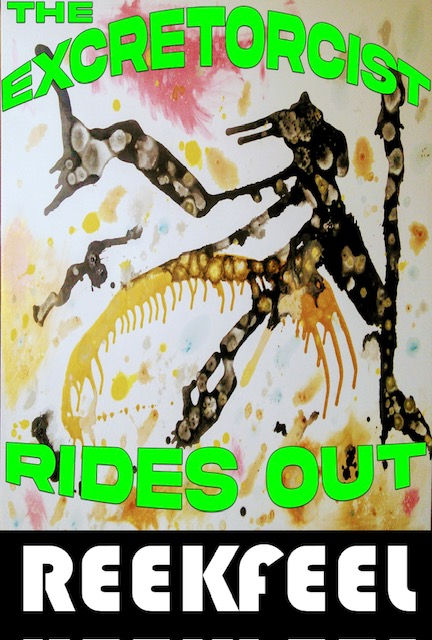 Abstract cover featuring splattered, dripping shapes that resemble a skeletal creature, painted in browns, yellows, and blacks, with neon green title text.
