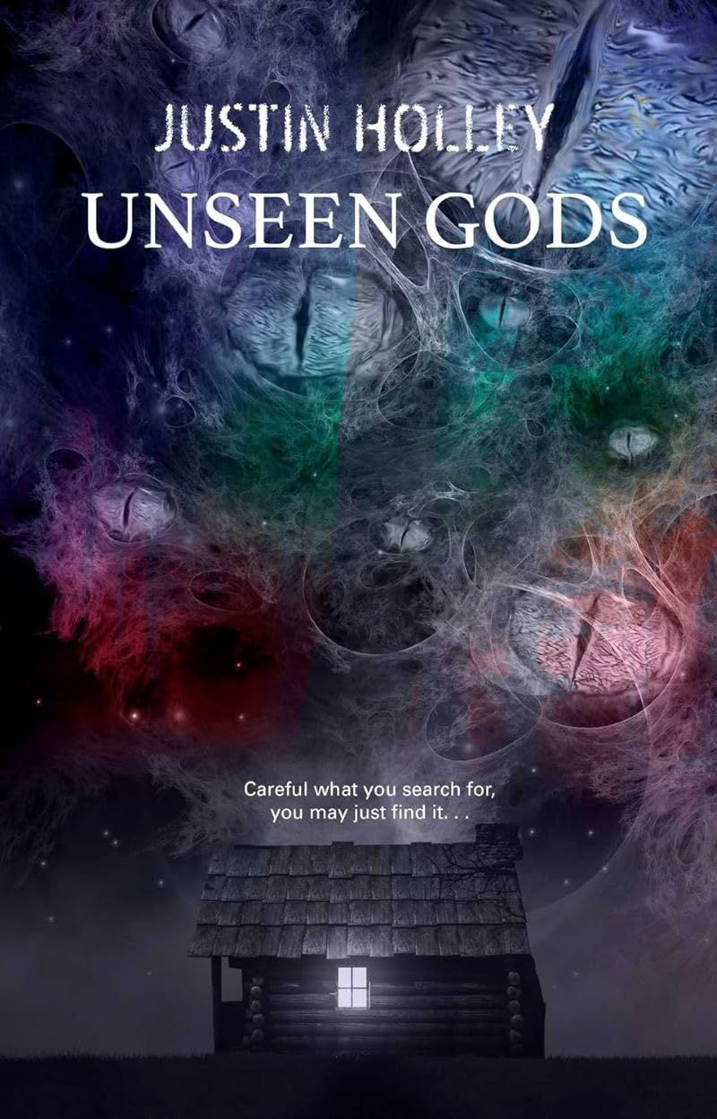 An eerie sky filled with swirling mist and glowing, reptilian eyes looms over a small, isolated cabin with a single lit window. The tagline reads: "Careful what you search for, you may just find it..."