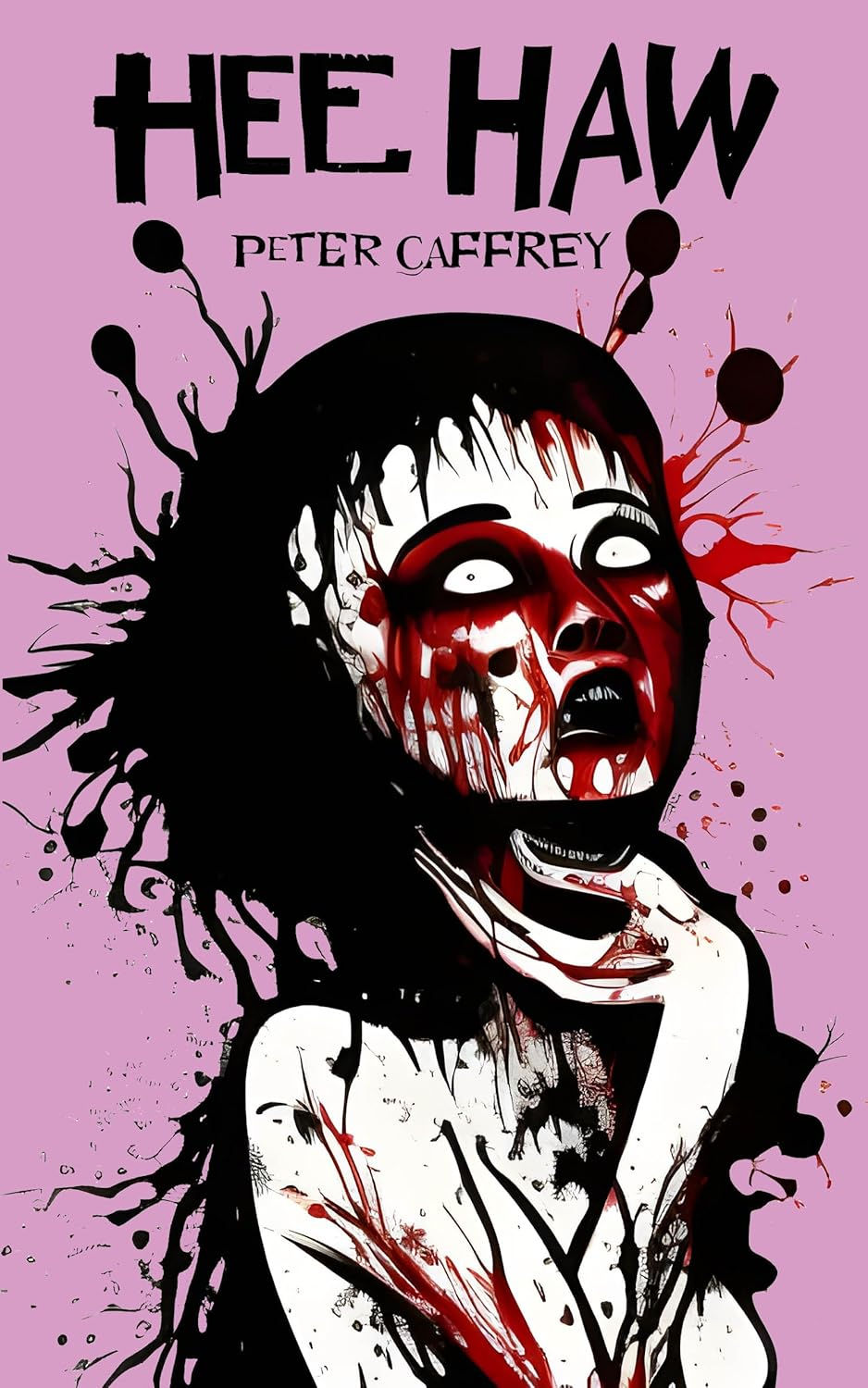 A pink background, a haunting, blood-smeared face looks up in terror, mouth wide open, with dark black and red splatters. The title is above the figure's head.