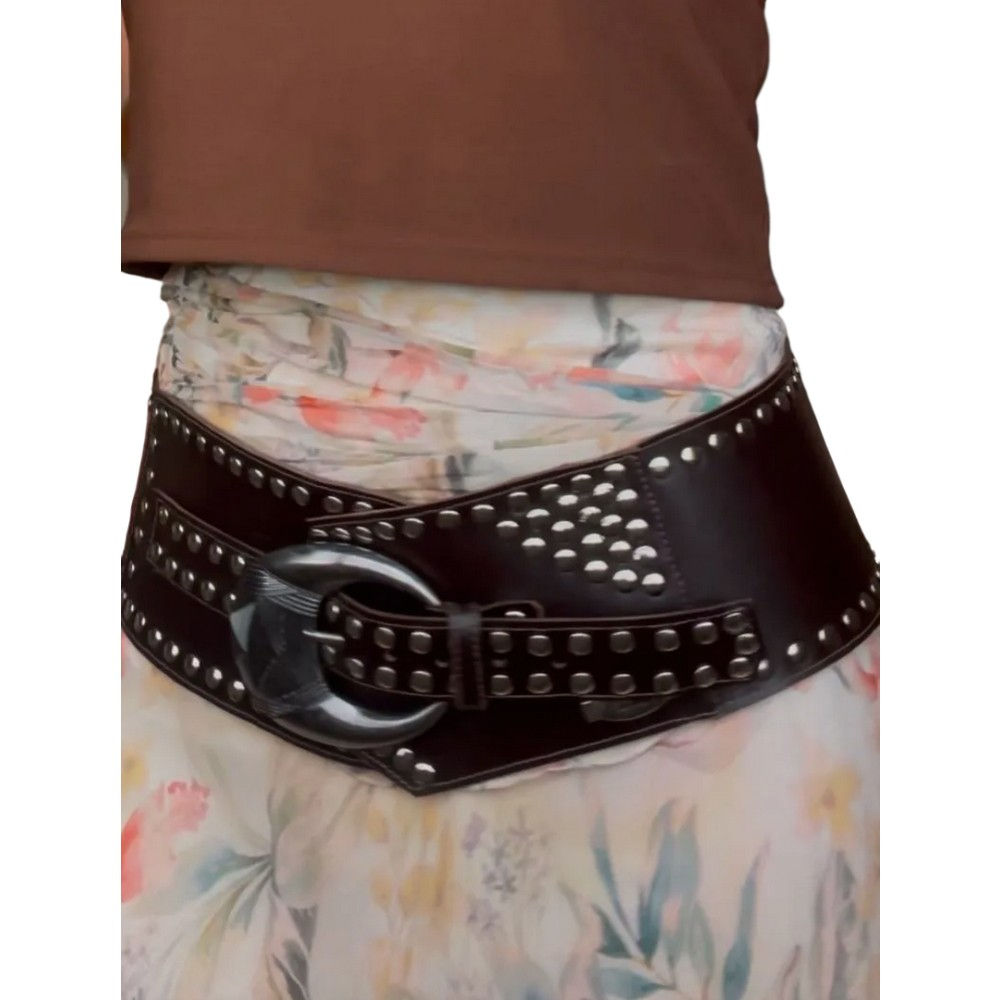 cinto boho café rebite prata