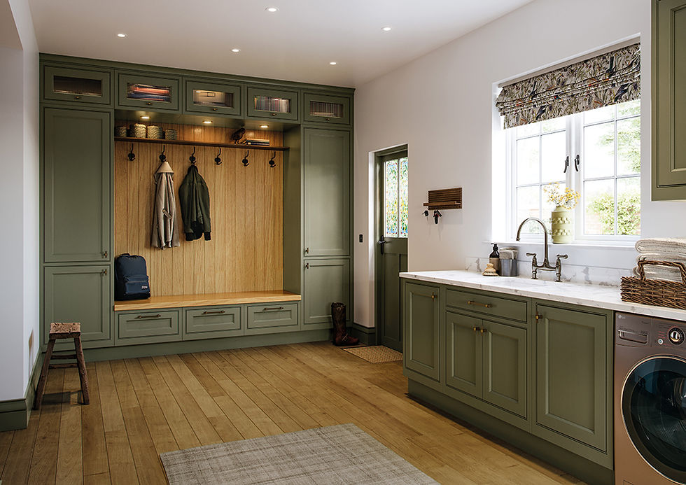 Willow green kitchen and boot room in Sawbridgeworth, Hertfordshire — bespoke cabinetry with oak flooring and integrated storage.

