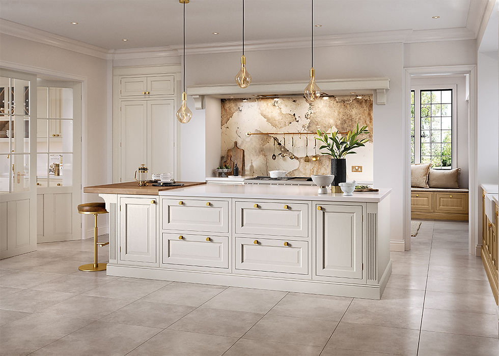 Luxury kitchen in Sawbridgeworth, Hertfordshire — central island with marble worktop, pendant lighting, and painted cabinetry.
