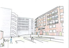 Housing project, as viewed from the bottom corner of the semi-public square. It is a red/brown in colour and is 5 floors high, with balconies and bay windows.