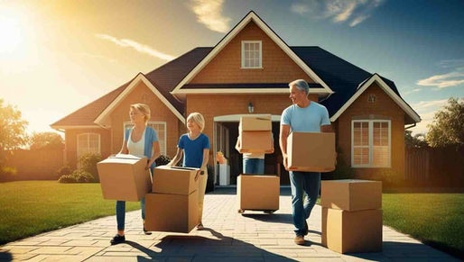 Taşınma kutularıyla dolu bir nakliyat kamyonu önünde duran mutlu bir aile.