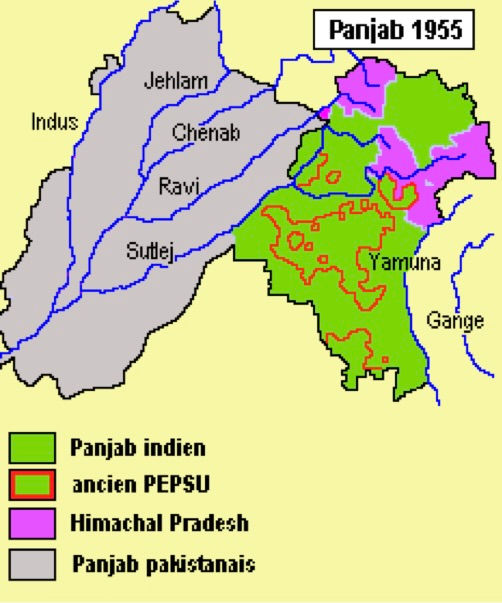 Carte des Pendjab indiens et pakistanais en 1955- Source: Université Laval